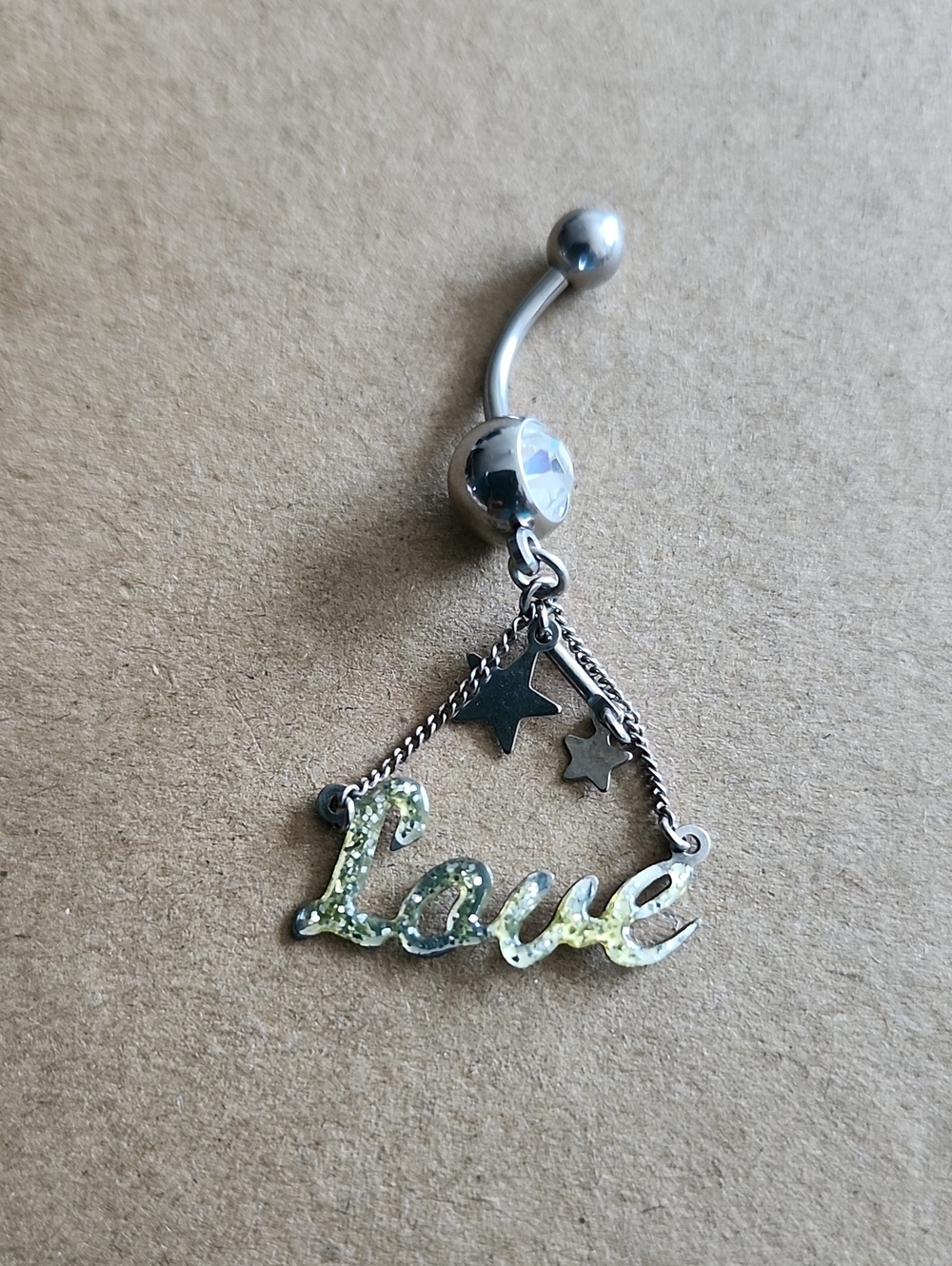 Silver 'Love' Dangle Belly Ring with Green Glitter Accent